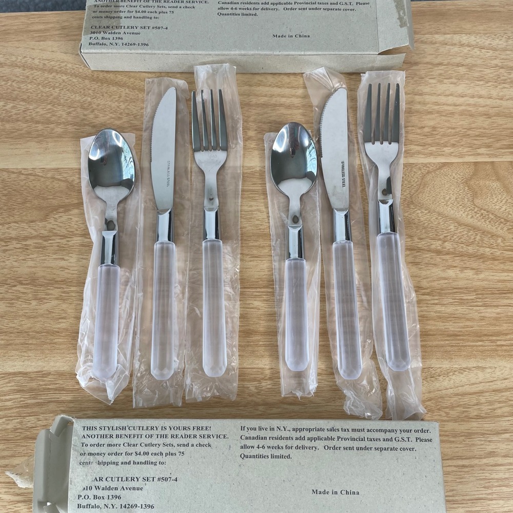 Vintage Reader Service Clear Cutlery Set 6pc Stainless Steel Frosted Handles